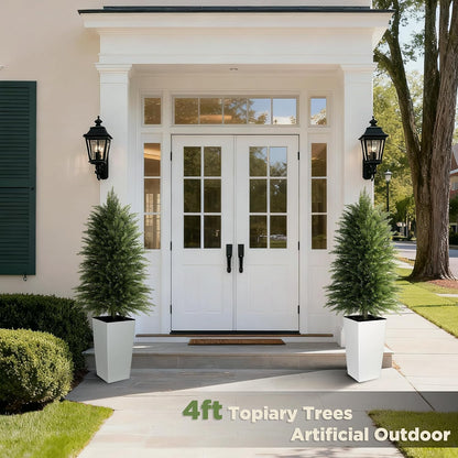 5FT Tall 2 Pack Artificial Cedar Topiary Trees with Compact Pyramidal Shape, Realistic Faux Cypress in Square Black Pot with Fillable Water Bag, Outdoor Evergreen for Front Porch Garden Home Decor