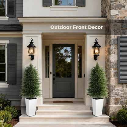 5FT Tall 2 Pack Artificial Cedar Topiary Trees with Compact Pyramidal Shape, Realistic Faux Cypress in Square Black Pot with Fillable Water Bag, Outdoor Evergreen for Front Porch Garden Home Decor
