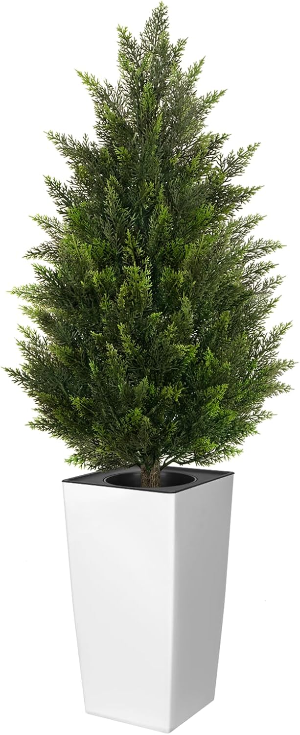 5FT Tall 2 Pack Artificial Cedar Topiary Trees with Compact Pyramidal Shape, Realistic Faux Cypress in Square Black Pot with Fillable Water Bag, Outdoor Evergreen for Front Porch Garden Home Decor