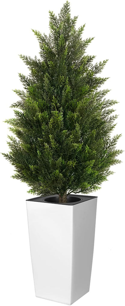5FT Tall 2 Pack Artificial Cedar Topiary Trees with Compact Pyramidal Shape, Realistic Faux Cypress in Square Black Pot with Fillable Water Bag, Outdoor Evergreen for Front Porch Garden Home Decor