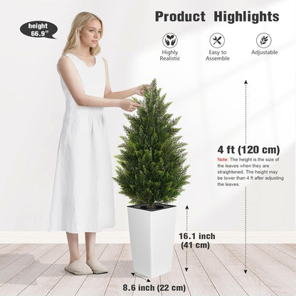 5FT Tall 2 Pack Artificial Cedar Topiary Trees with Compact Pyramidal Shape, Realistic Faux Cypress in Square Black Pot with Fillable Water Bag, Outdoor Evergreen for Front Porch Garden Home Decor