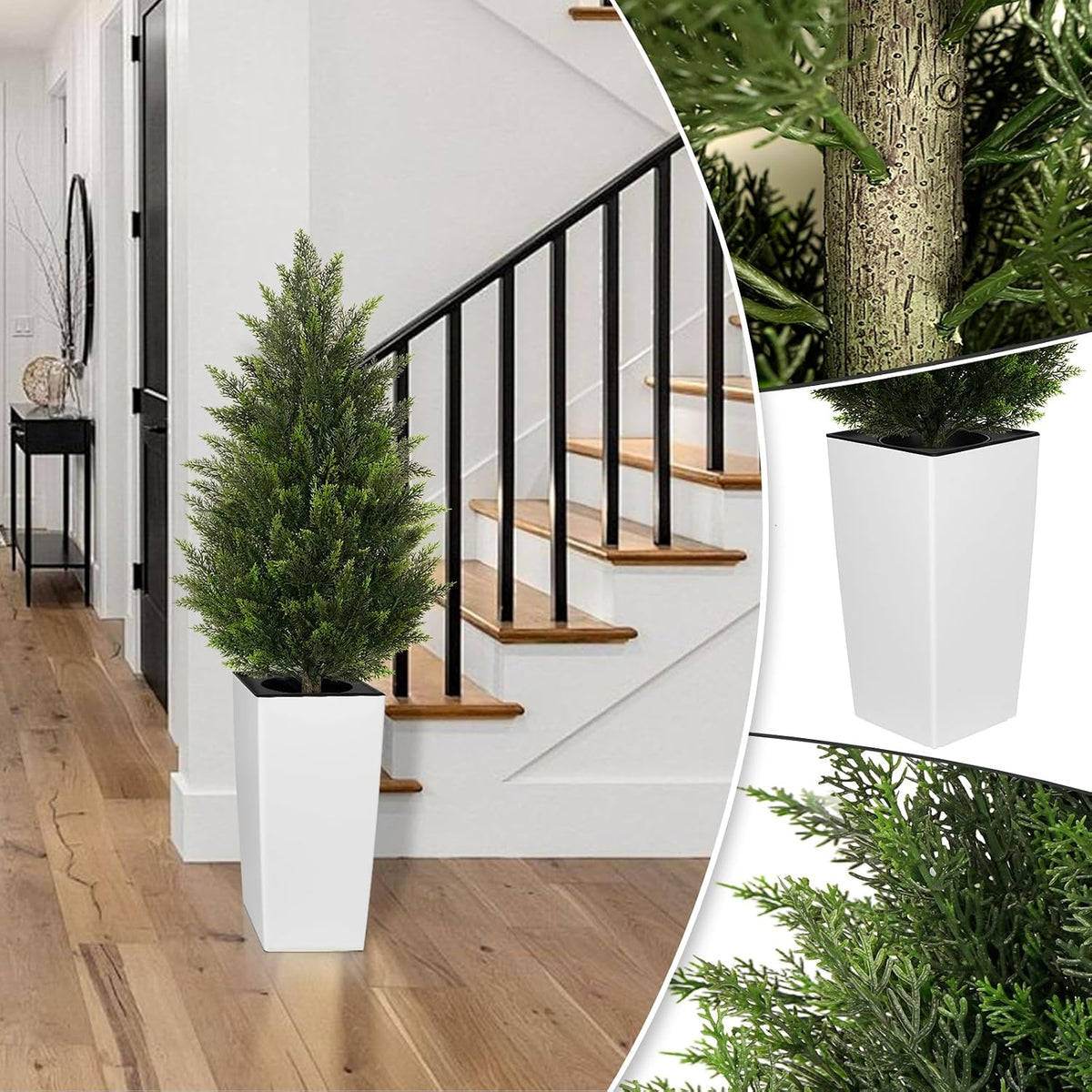 5FT Tall 2 Pack Artificial Cedar Topiary Trees with Compact Pyramidal Shape, Realistic Faux Cypress in Square Black Pot with Fillable Water Bag, Outdoor Evergreen for Front Porch Garden Home Decor