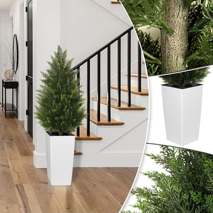 5FT Tall 2 Pack Artificial Cedar Topiary Trees with Compact Pyramidal Shape, Realistic Faux Cypress in Square Black Pot with Fillable Water Bag, Outdoor Evergreen for Front Porch Garden Home Decor