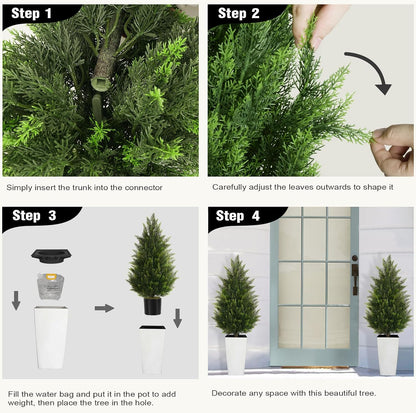 5FT Tall 2 Pack Artificial Cedar Topiary Trees with Compact Pyramidal Shape, Realistic Faux Cypress in Square Black Pot with Fillable Water Bag, Outdoor Evergreen for Front Porch Garden Home Decor