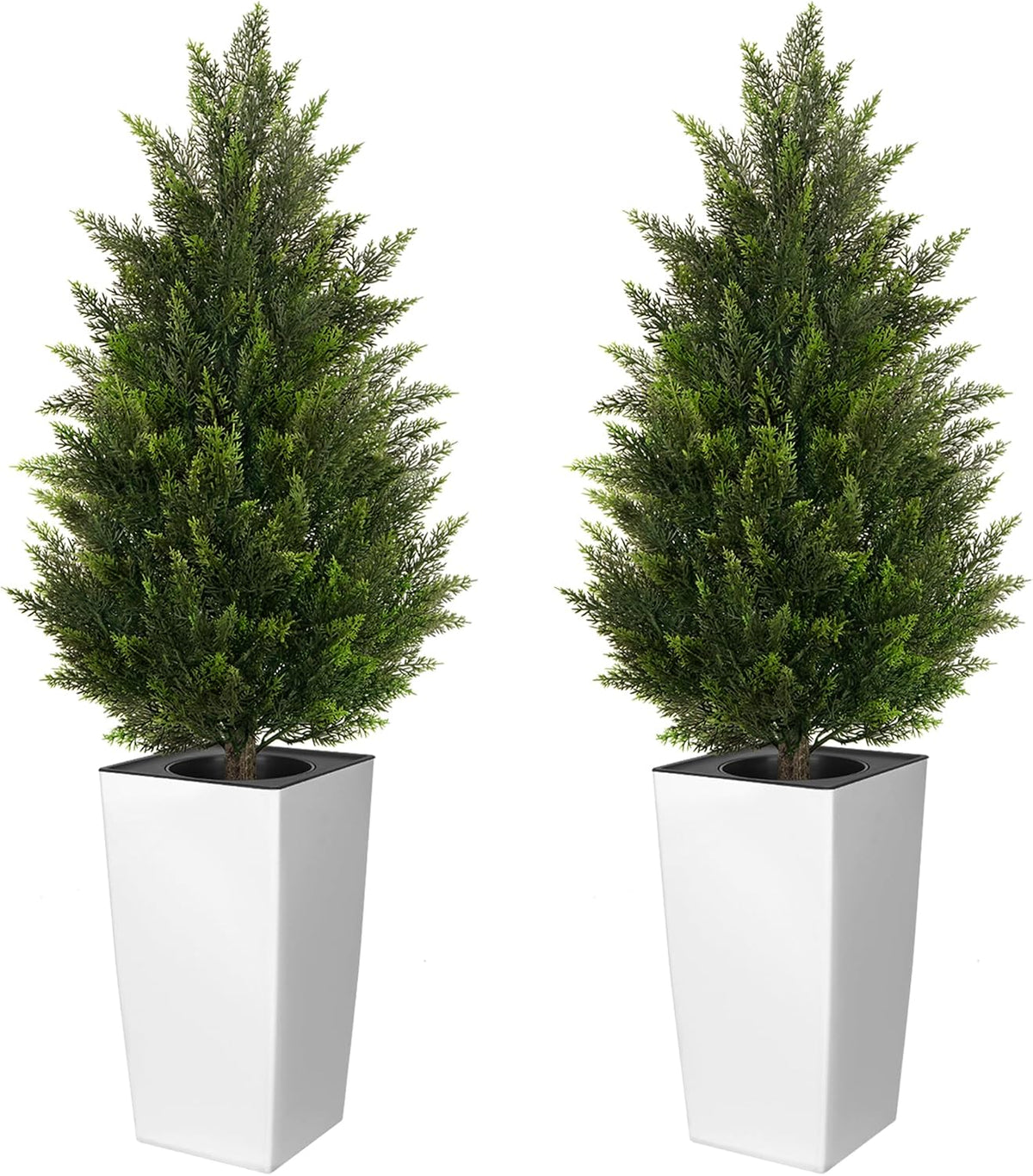 5FT Tall 2 Pack Artificial Cedar Topiary Trees with Compact Pyramidal Shape, Realistic Faux Cypress in Square Black Pot with Fillable Water Bag, Outdoor Evergreen for Front Porch Garden Home Decor
