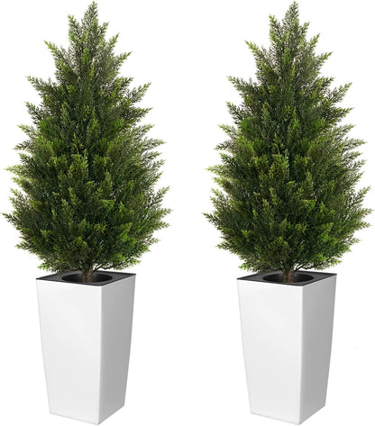 5FT Tall 2 Pack Artificial Cedar Topiary Trees with Compact Pyramidal Shape, Realistic Faux Cypress in Square Black Pot with Fillable Water Bag, Outdoor Evergreen for Front Porch Garden Home Decor