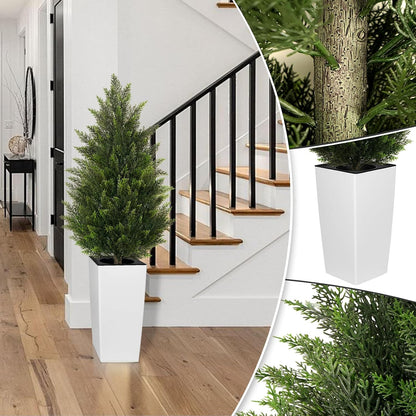 5FT Tall 2 Pack Artificial Cedar Topiary Trees with Compact Pyramidal Shape, Realistic Faux Cypress in Square Black Pot with Fillable Water Bag, Outdoor Evergreen for Front Porch Garden Home Decor