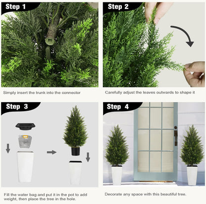5FT Tall 2 Pack Artificial Cedar Topiary Trees with Compact Pyramidal Shape, Realistic Faux Cypress in Square Black Pot with Fillable Water Bag, Outdoor Evergreen for Front Porch Garden Home Decor