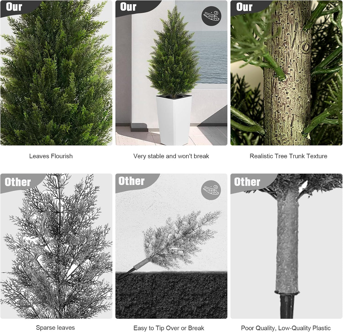 5FT Tall 2 Pack Artificial Cedar Topiary Trees with Compact Pyramidal Shape, Realistic Faux Cypress in Square Black Pot with Fillable Water Bag, Outdoor Evergreen for Front Porch Garden Home Decor
