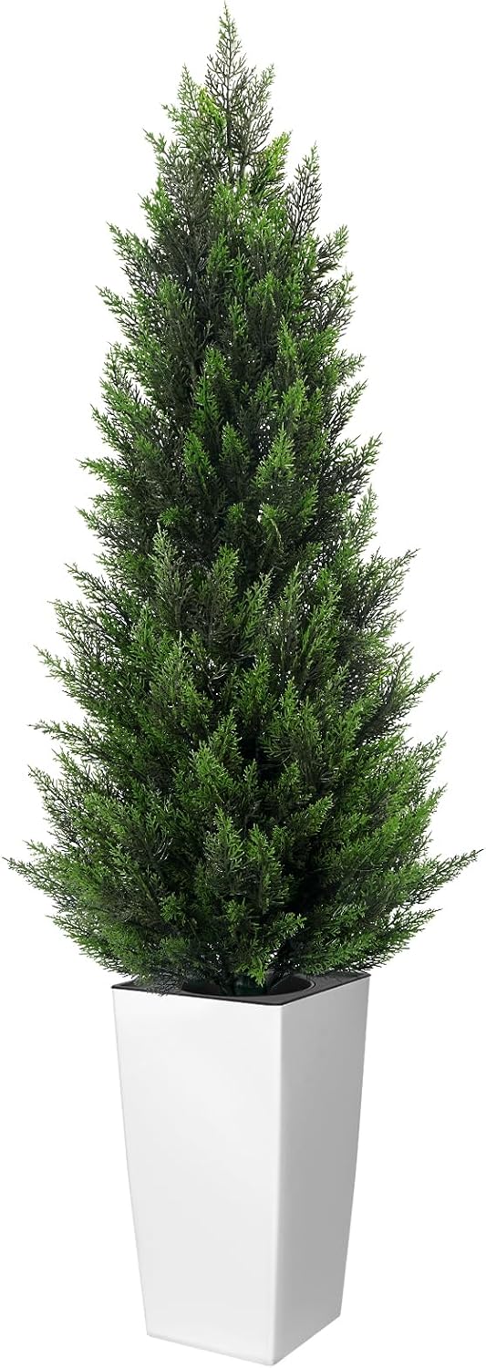 5FT Tall 2 Pack Artificial Cedar Topiary Trees with Compact Pyramidal Shape, Realistic Faux Cypress in Square Black Pot with Fillable Water Bag, Outdoor Evergreen for Front Porch Garden Home Decor