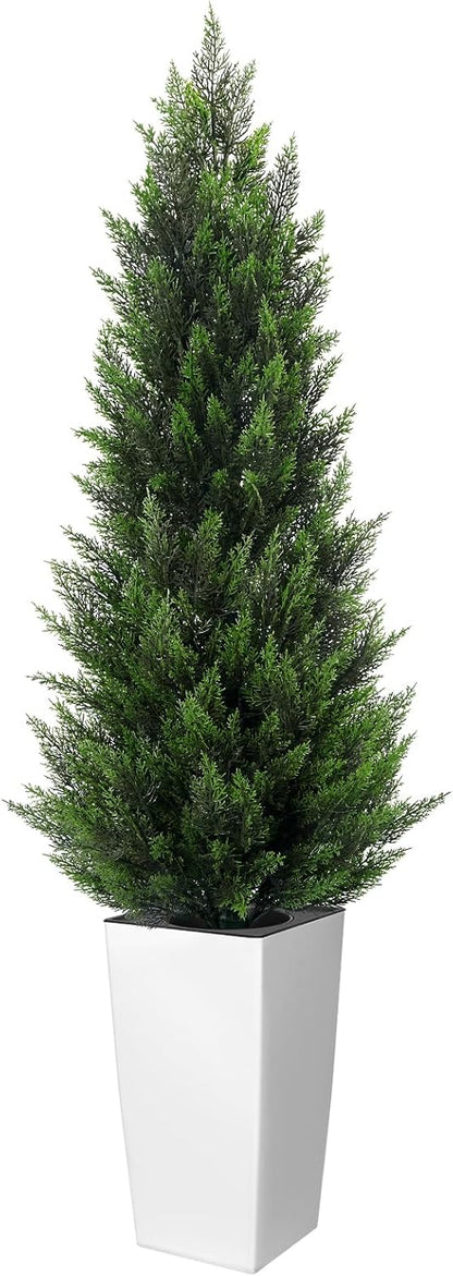 5FT Tall 2 Pack Artificial Cedar Topiary Trees with Compact Pyramidal Shape, Realistic Faux Cypress in Square Black Pot with Fillable Water Bag, Outdoor Evergreen for Front Porch Garden Home Decor