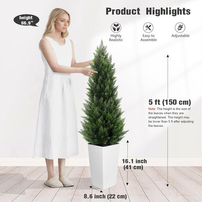 5FT Tall 2 Pack Artificial Cedar Topiary Trees with Compact Pyramidal Shape, Realistic Faux Cypress in Square Black Pot with Fillable Water Bag, Outdoor Evergreen for Front Porch Garden Home Decor
