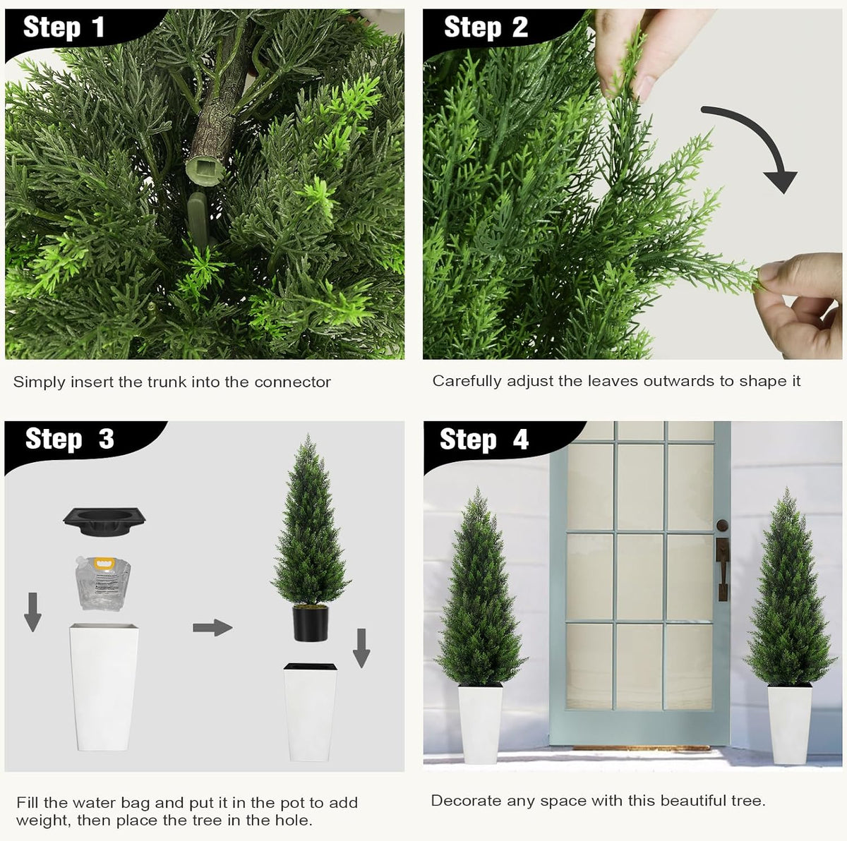 5FT Tall 2 Pack Artificial Cedar Topiary Trees with Compact Pyramidal Shape, Realistic Faux Cypress in Square Black Pot with Fillable Water Bag, Outdoor Evergreen for Front Porch Garden Home Decor