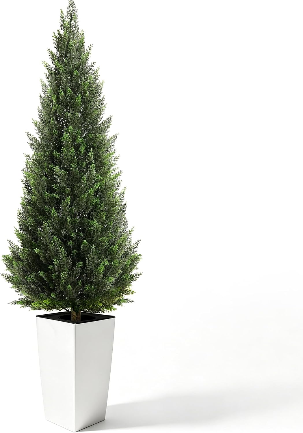 5FT Tall 2 Pack Artificial Cedar Topiary Trees with Compact Pyramidal Shape, Realistic Faux Cypress in Square Black Pot with Fillable Water Bag, Outdoor Evergreen for Front Porch Garden Home Decor