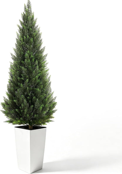 5FT Tall 2 Pack Artificial Cedar Topiary Trees with Compact Pyramidal Shape, Realistic Faux Cypress in Square Black Pot with Fillable Water Bag, Outdoor Evergreen for Front Porch Garden Home Decor