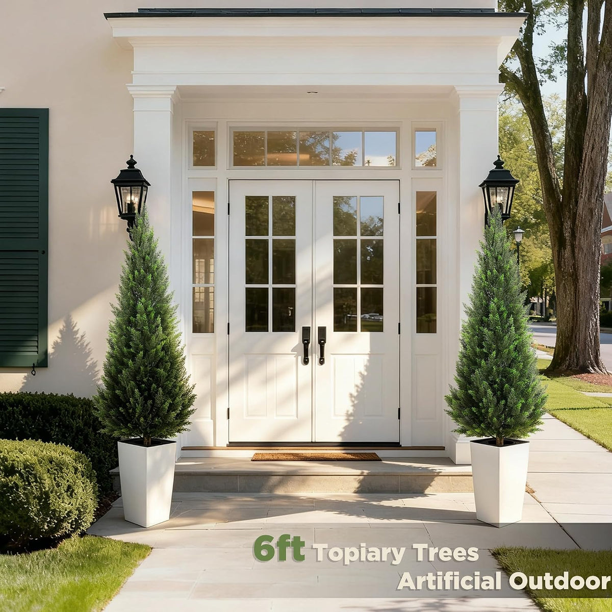 5FT Tall 2 Pack Artificial Cedar Topiary Trees with Compact Pyramidal Shape, Realistic Faux Cypress in Square Black Pot with Fillable Water Bag, Outdoor Evergreen for Front Porch Garden Home Decor