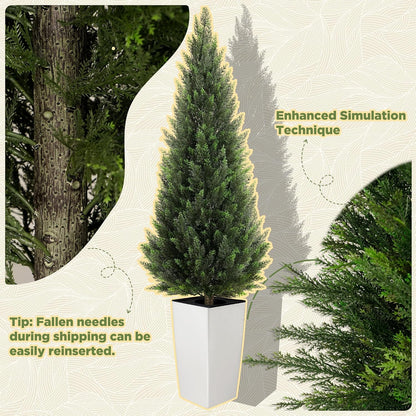 5FT Tall 2 Pack Artificial Cedar Topiary Trees with Compact Pyramidal Shape, Realistic Faux Cypress in Square Black Pot with Fillable Water Bag, Outdoor Evergreen for Front Porch Garden Home Decor