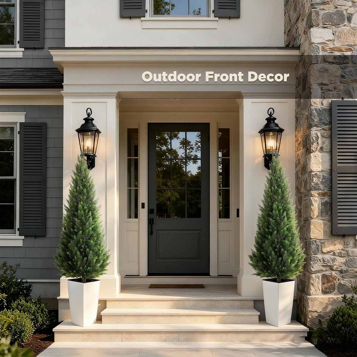 5FT Tall 2 Pack Artificial Cedar Topiary Trees with Compact Pyramidal Shape, Realistic Faux Cypress in Square Black Pot with Fillable Water Bag, Outdoor Evergreen for Front Porch Garden Home Decor