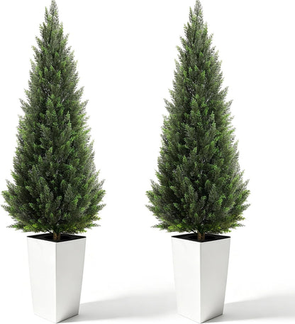 5FT Tall 2 Pack Artificial Cedar Topiary Trees with Compact Pyramidal Shape, Realistic Faux Cypress in Square Black Pot with Fillable Water Bag, Outdoor Evergreen for Front Porch Garden Home Decor