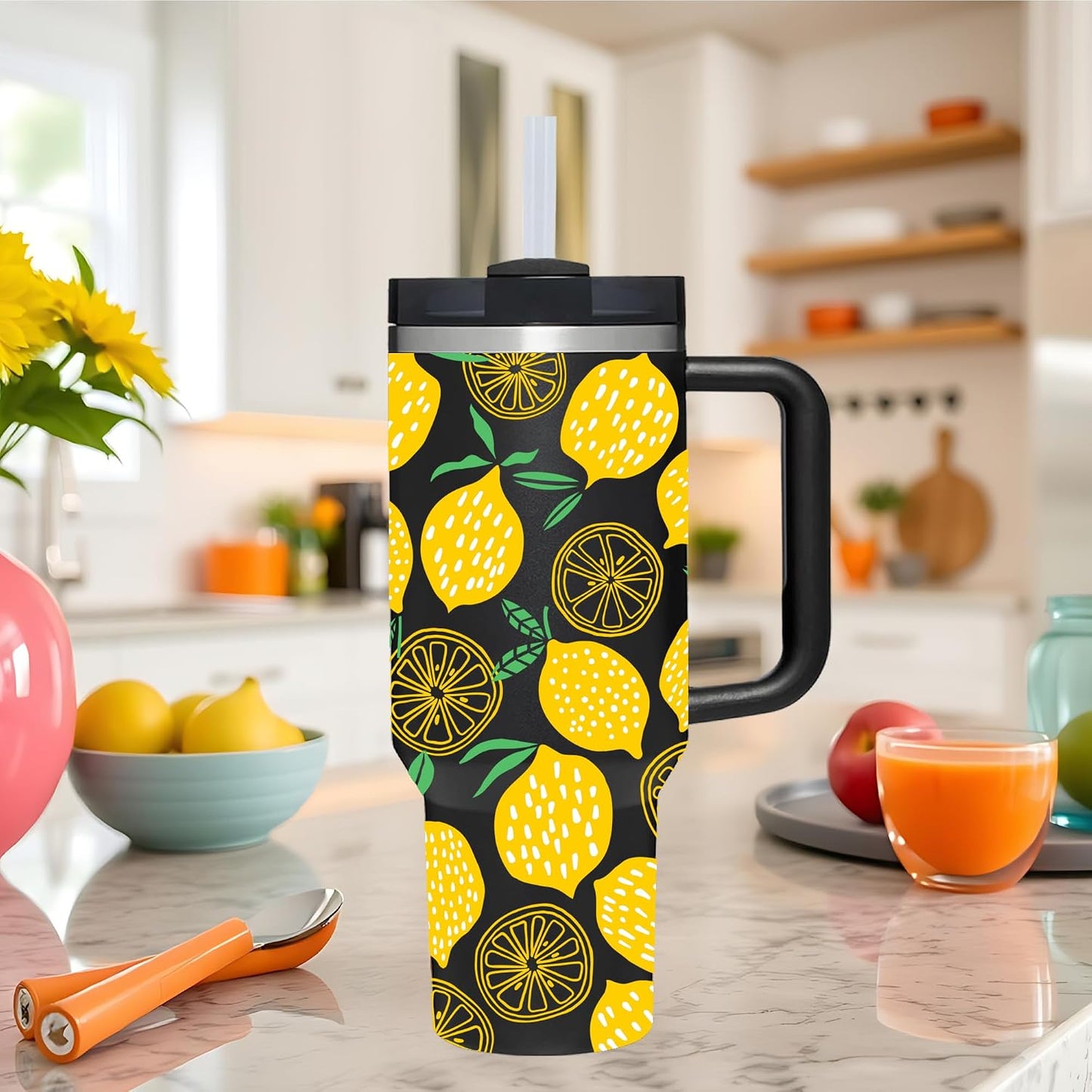 40 OZ Lemon Tumbler with Handle.lemon lover gifts.Unique Christmas Birthday Gifts for Lemon Lover.Personalized 40 OZ Lemons Tumbler Gifts for Women Men.