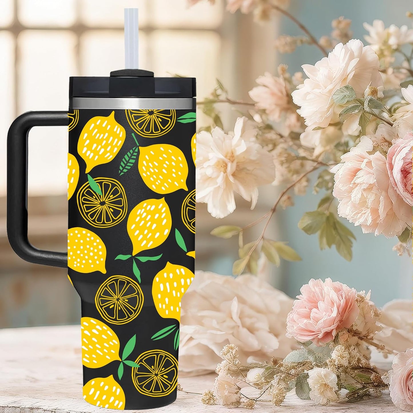 40 OZ Lemon Tumbler with Handle.lemon lover gifts.Unique Christmas Birthday Gifts for Lemon Lover.Personalized 40 OZ Lemons Tumbler Gifts for Women Men.