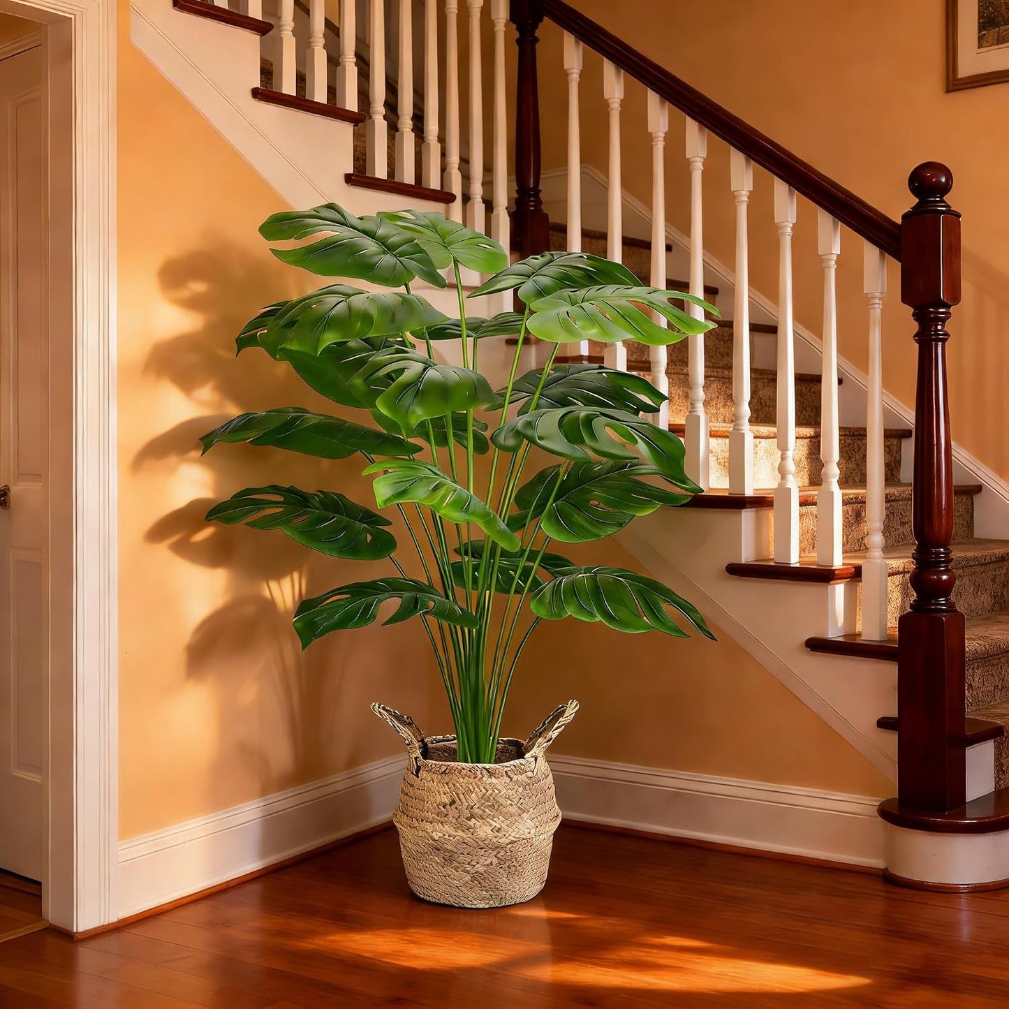Large Artificial Monstera Plant 44 Inches, Fake Monstera in Woven Basket, Large Fake Floor Plant for Indoor, Home, Office, Living Room Decor No Maintenance