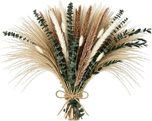 Boho Dried Flower Bouquet with Pampas Grass, Bunny Tail Grass, Reed & Preserved Eucalyptus – Natural Floral Arrangement for Home Decor, Wedding Centerpiece & Vase Filler