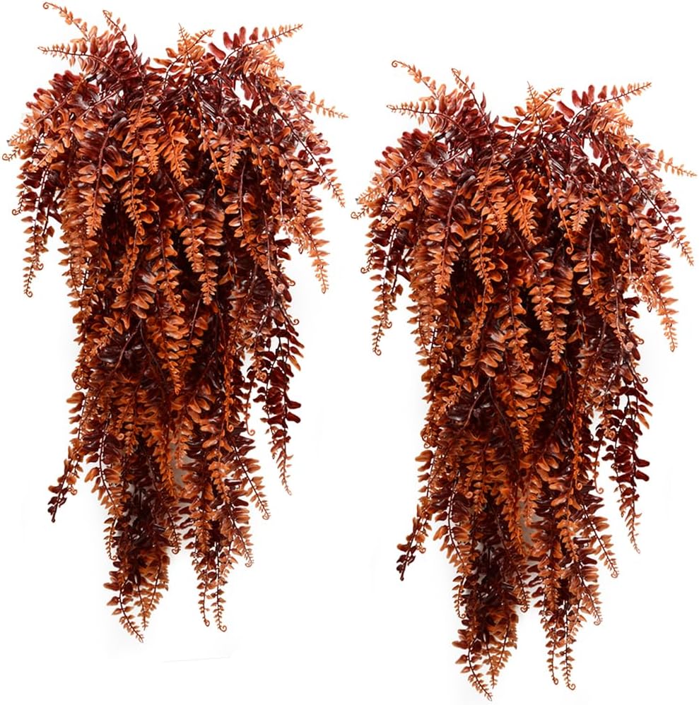 2pack Artificial Fake Hanging Ferns Plants Vine Fake Ivy Boston Fern Hanging Plant Outdoor UV Resistant Plastic Plants (Green)