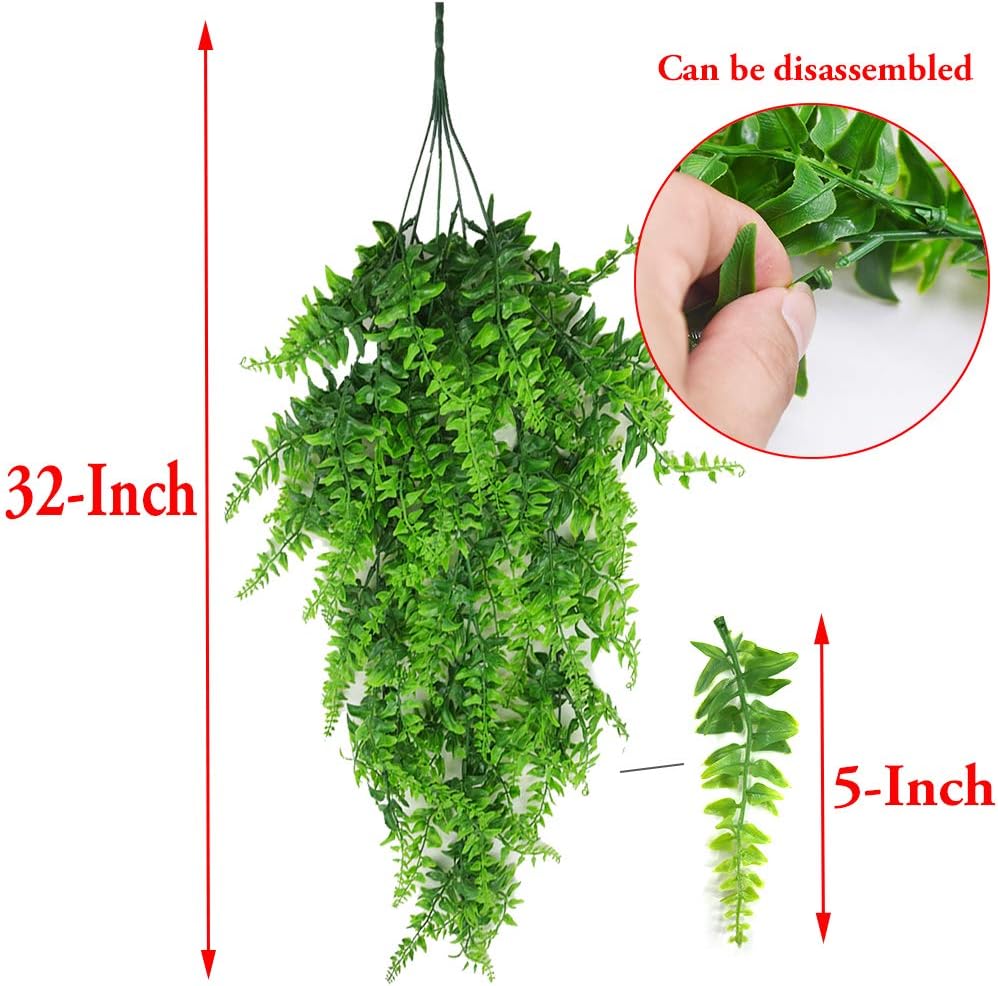 2pack Artificial Fake Hanging Ferns Plants Vine Fake Ivy Boston Fern Hanging Plant Outdoor UV Resistant Plastic Plants (Green)