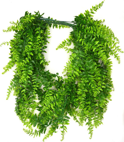 2pack Artificial Fake Hanging Ferns Plants Vine Fake Ivy Boston Fern Hanging Plant Outdoor UV Resistant Plastic Plants (Green)