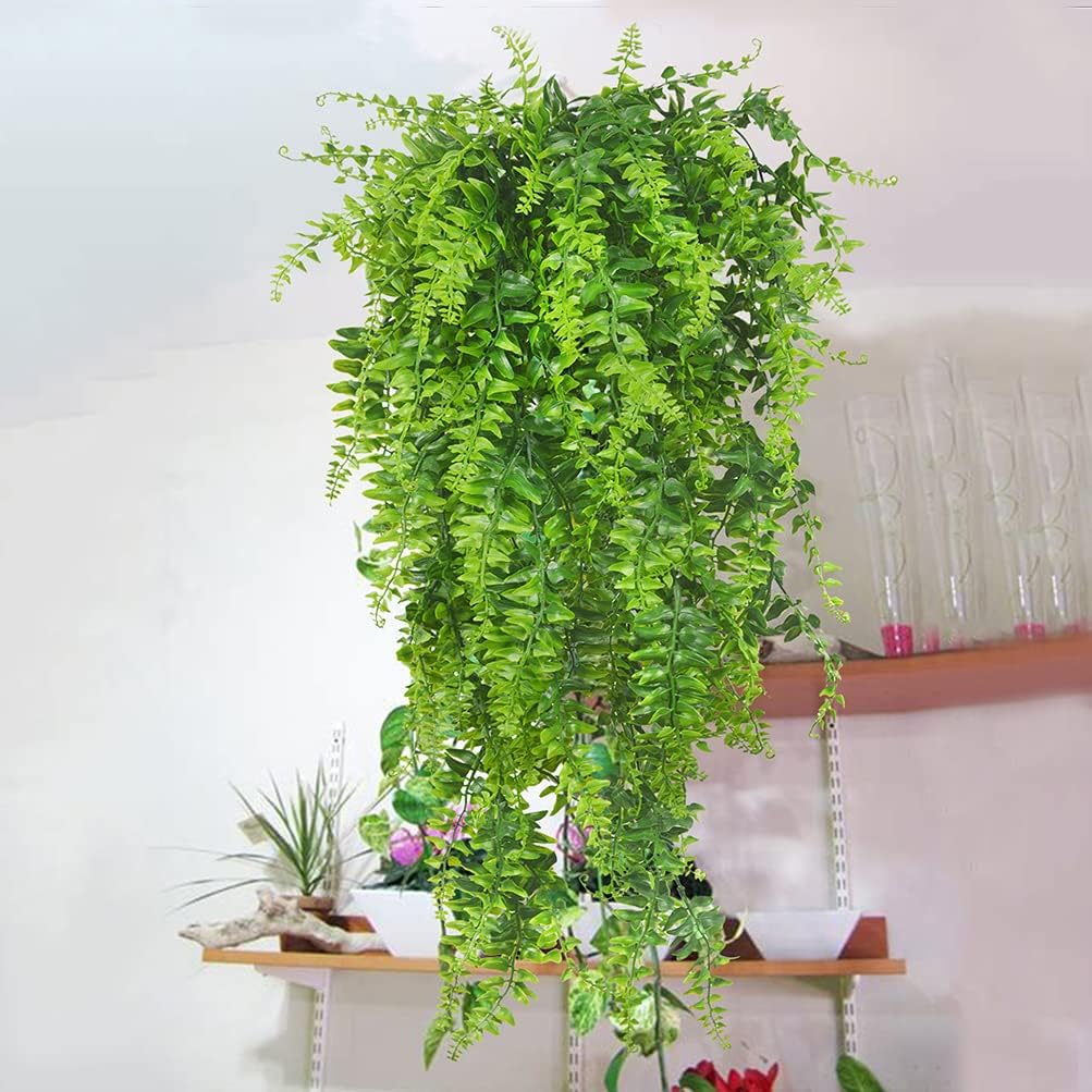 2pack Artificial Fake Hanging Ferns Plants Vine Fake Ivy Boston Fern Hanging Plant Outdoor UV Resistant Plastic Plants (Green)