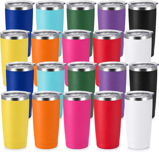 20 Pack Stainless Steel Tumbler Bulk 20oz Insulated Vacuum Travel Mug Powder Coated Coffee Mug Gift for Laser Engraving, Assorted Colors