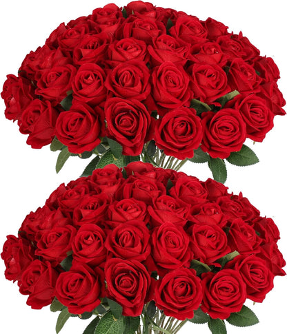 50PCS Fake Red Roses, Artificial Red Flowers Bulk | Realistic Silk Faux Rose with Stems, Valentine's Day Wedding Decoration, Anniversary Bridal Bouquet, DIY Floral Arrangement