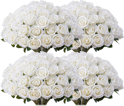 50PCS Fake Red Roses, Artificial Red Flowers Bulk | Realistic Silk Faux Rose with Stems, Valentine's Day Wedding Decoration, Anniversary Bridal Bouquet, DIY Floral Arrangement