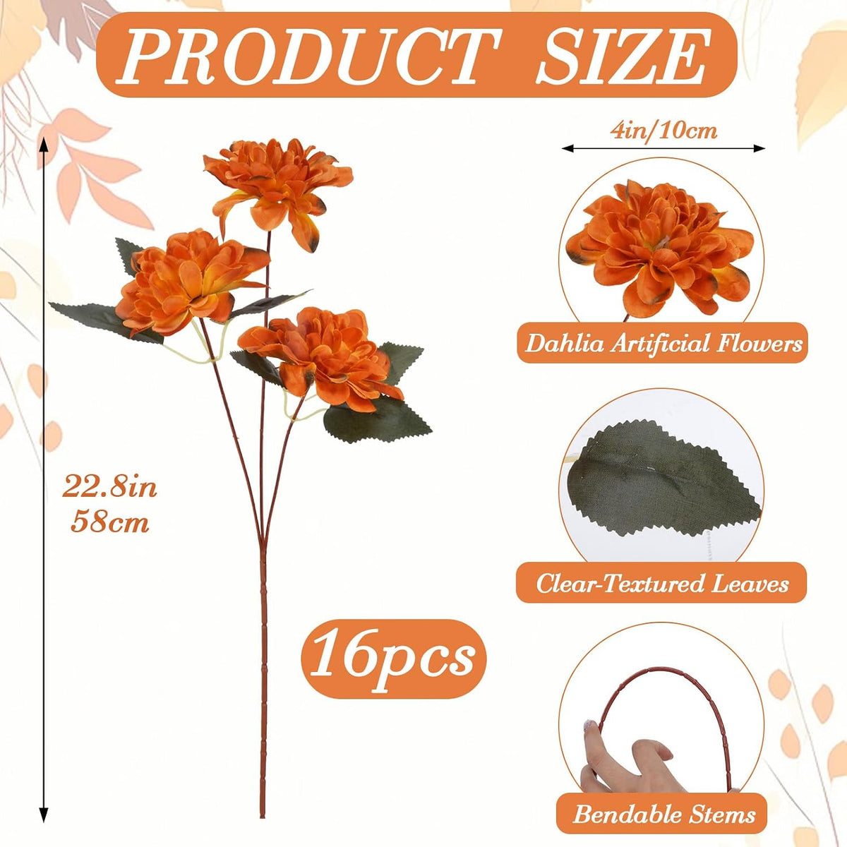 16PCS Fall Flowers Burnt Orange Artificial Silk Dahlia, Terracotta