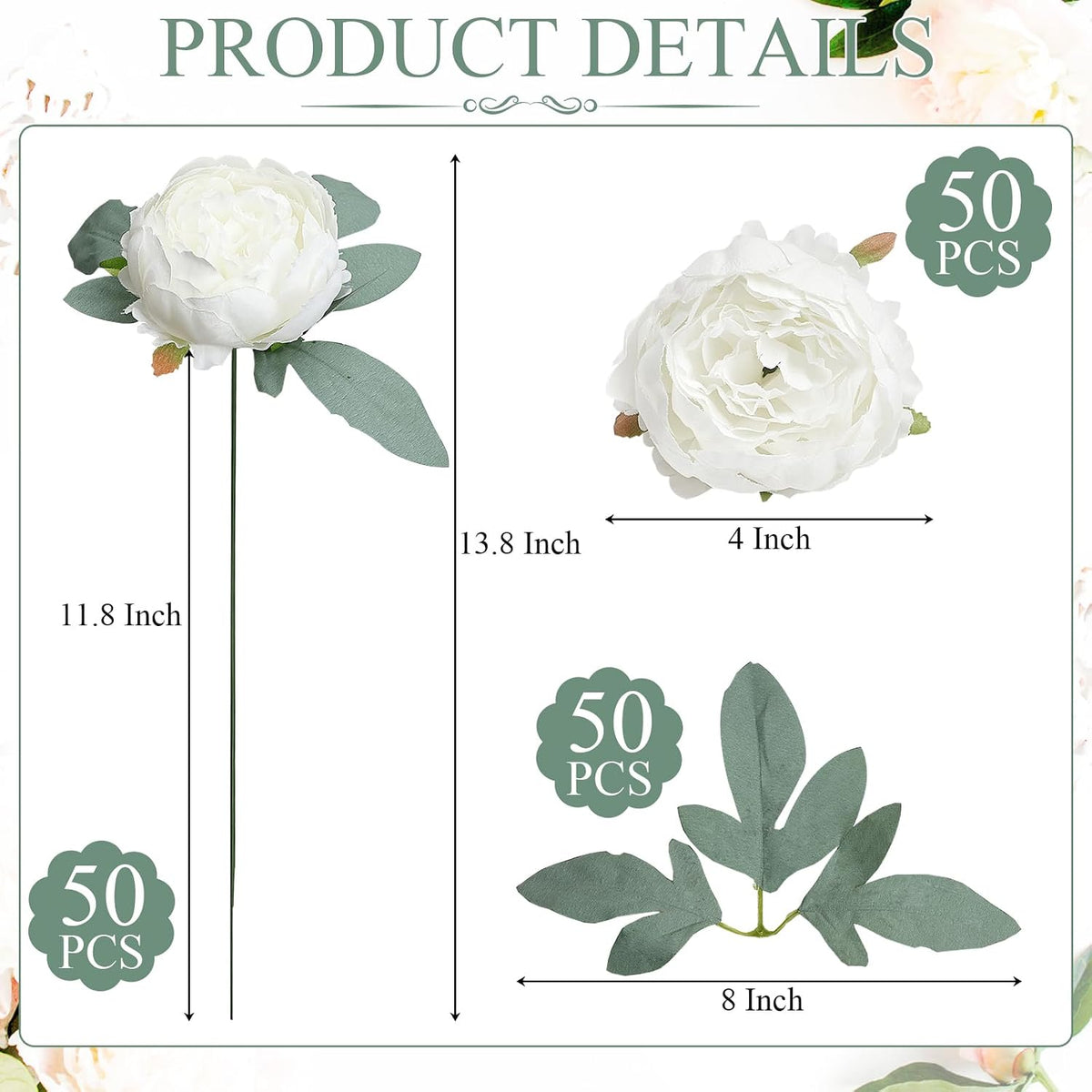 50Pcs Artificial Peonies Flowers Bulk, 4’’ - White