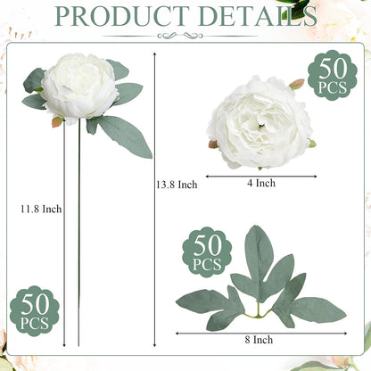 50Pcs Artificial Peonies Flowers Bulk, 4’’ - White