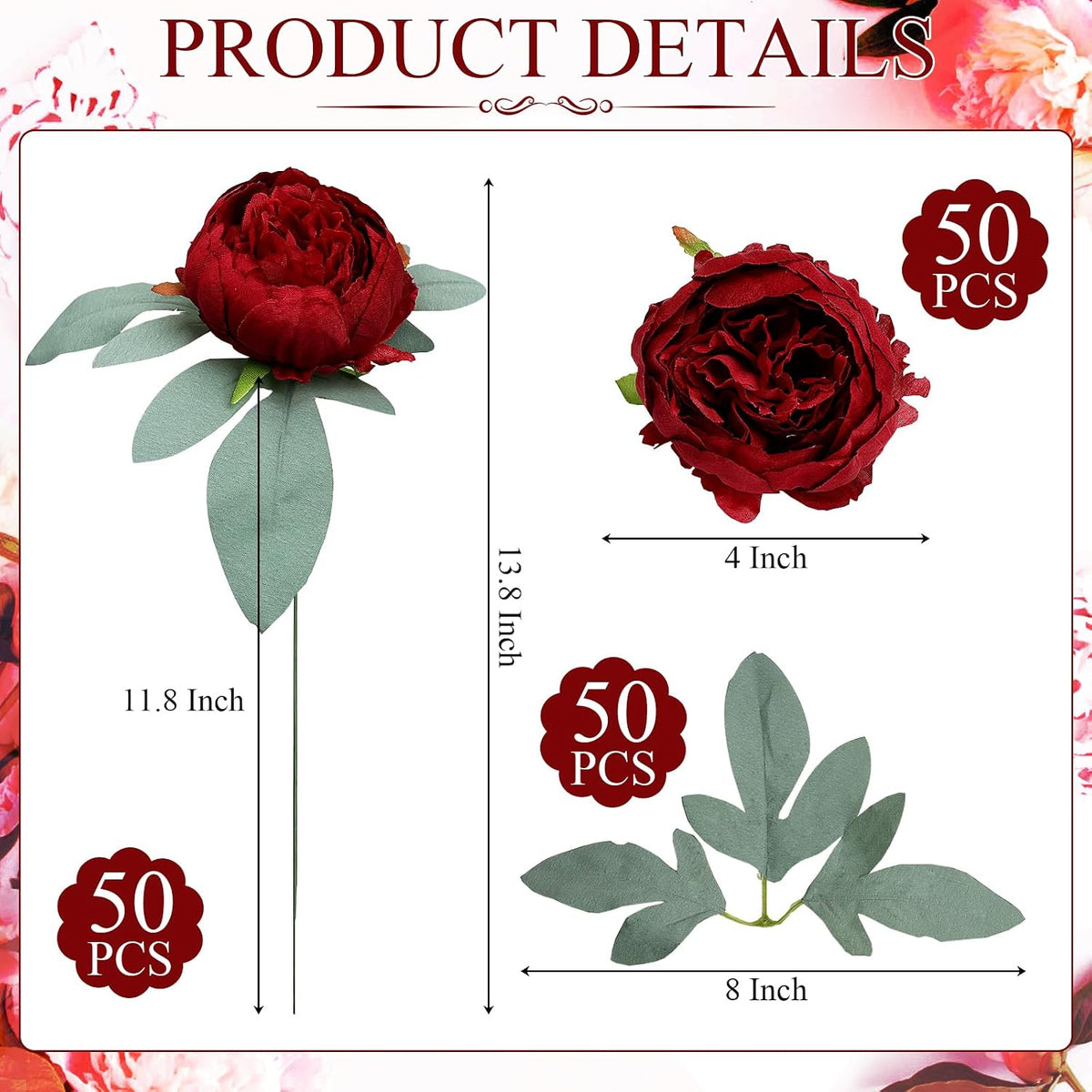 50Pcs Artificial Peonies Flowers Bulk, 4’’ - White