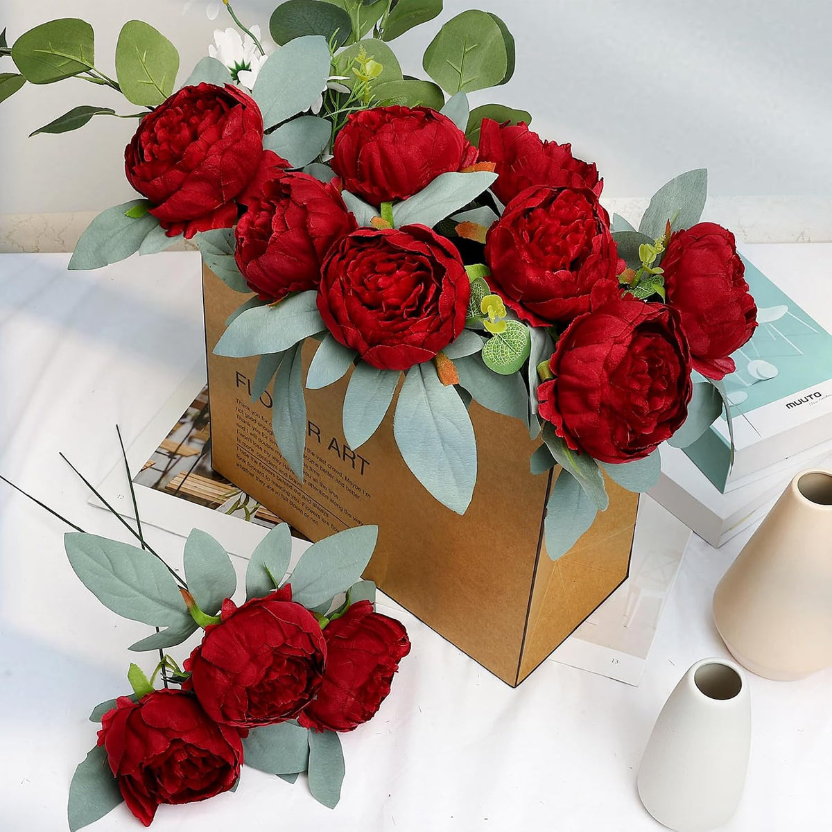50Pcs Artificial Peonies Flowers Bulk, 4’’ - White