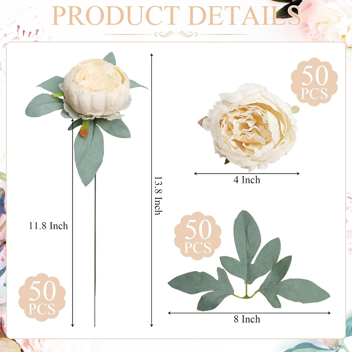 50Pcs Artificial Peonies Flowers Bulk, 4’’ - White
