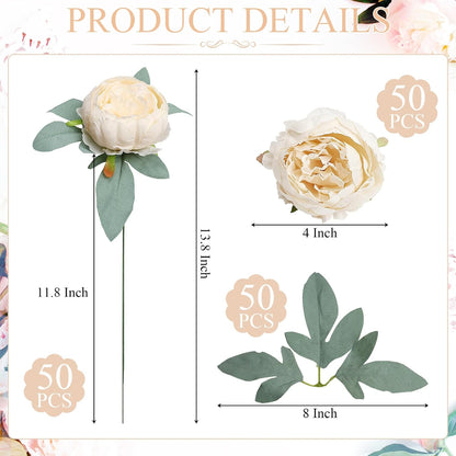 50Pcs Artificial Peonies Flowers Bulk, 4’’ - White