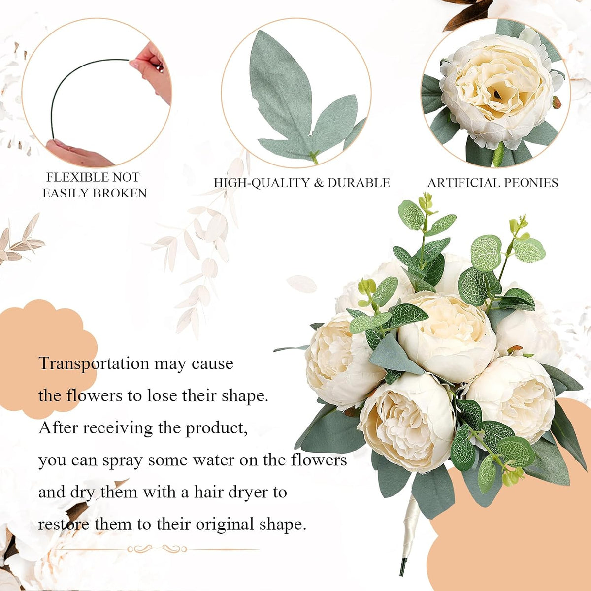 50Pcs Artificial Peonies Flowers Bulk, 4’’ - White