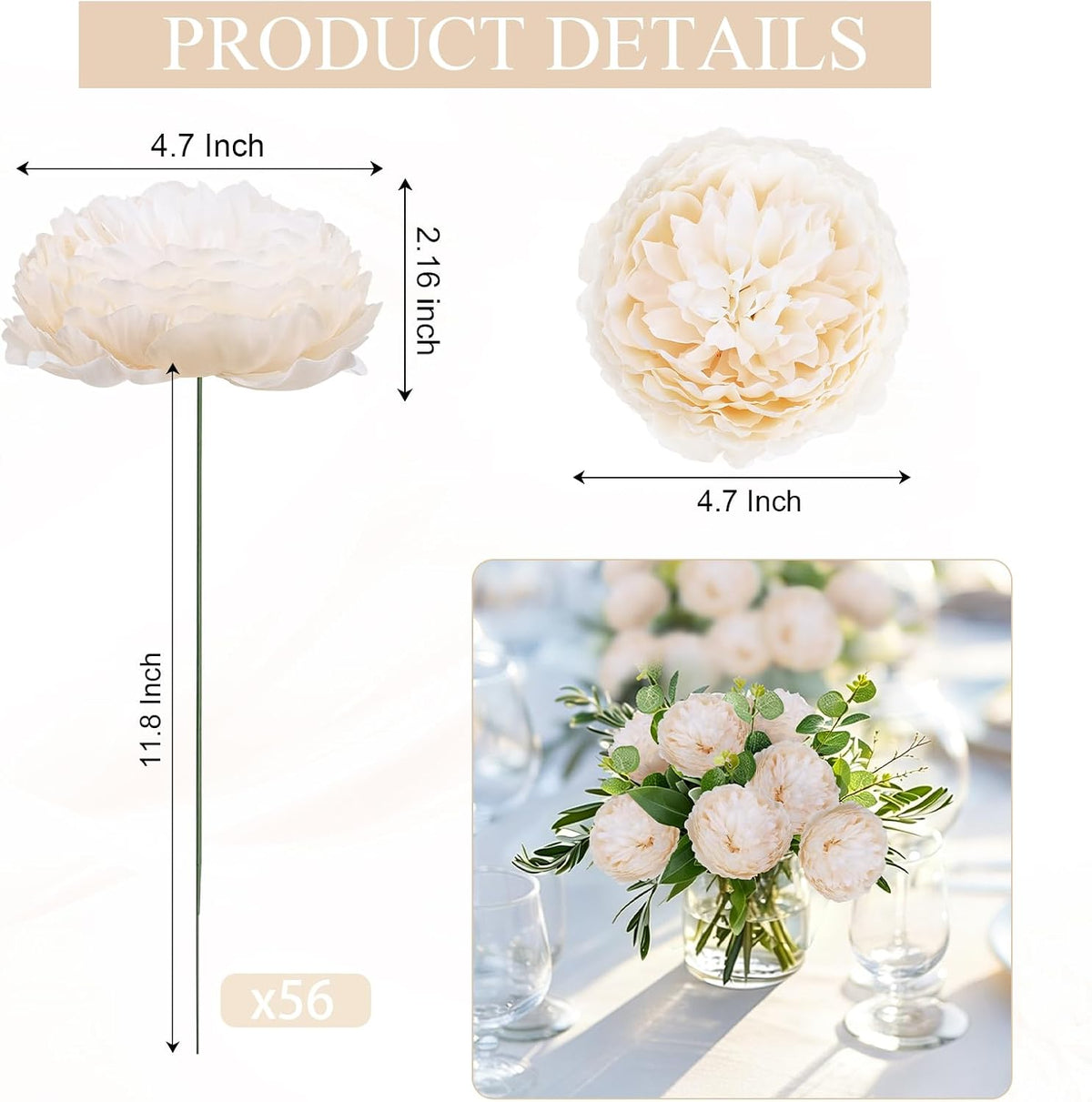50Pcs Artificial Peonies Flowers Bulk, 4’’ - White