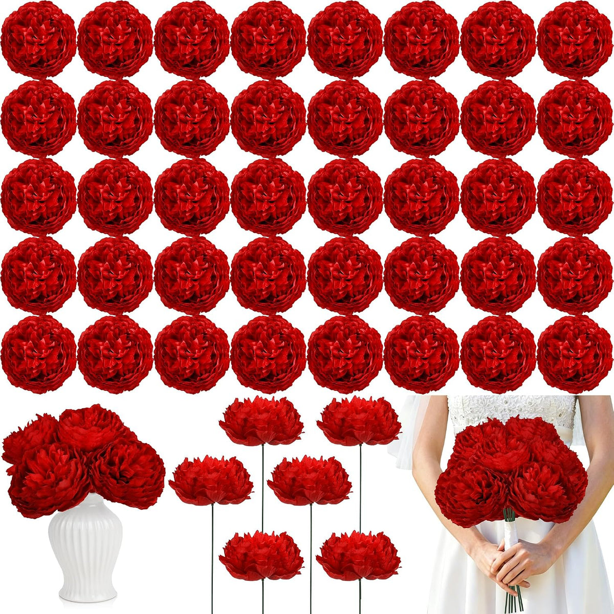50Pcs Artificial Peonies Flowers Bulk, 4’’ - White