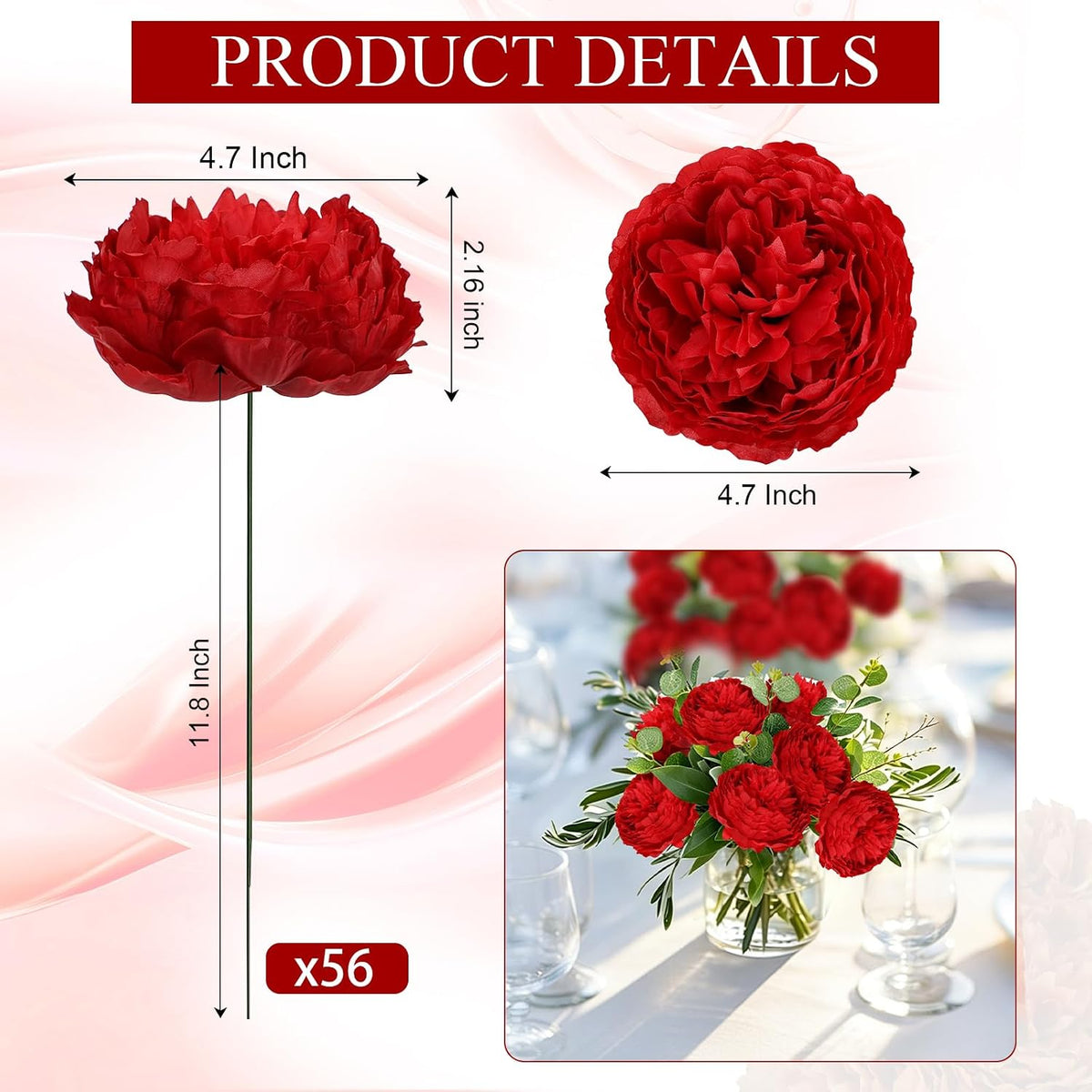 50Pcs Artificial Peonies Flowers Bulk, 4’’ - White