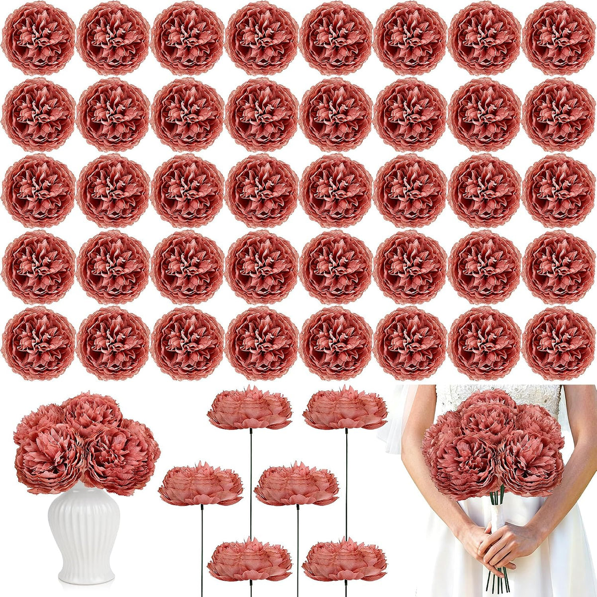 50Pcs Artificial Peonies Flowers Bulk, 4’’ - White