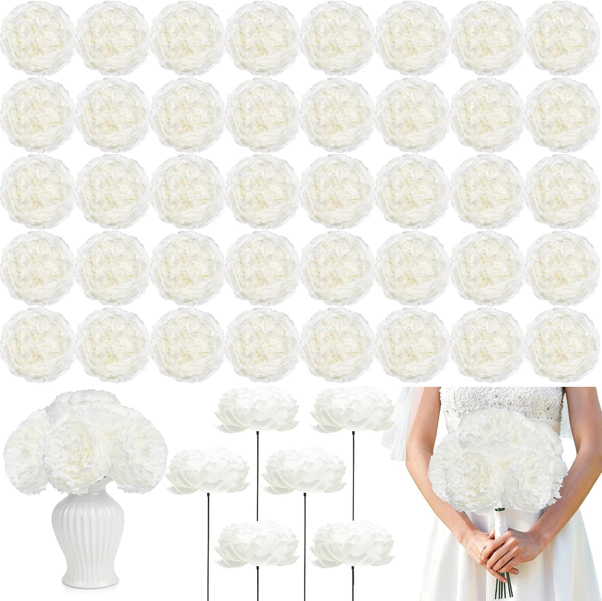 50Pcs Artificial Peonies Flowers Bulk, 4’’ - White