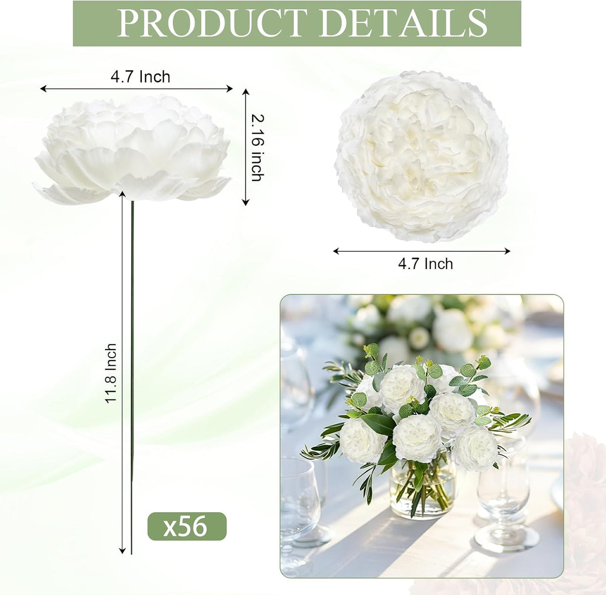 50Pcs Artificial Peonies Flowers Bulk, 4’’ - White