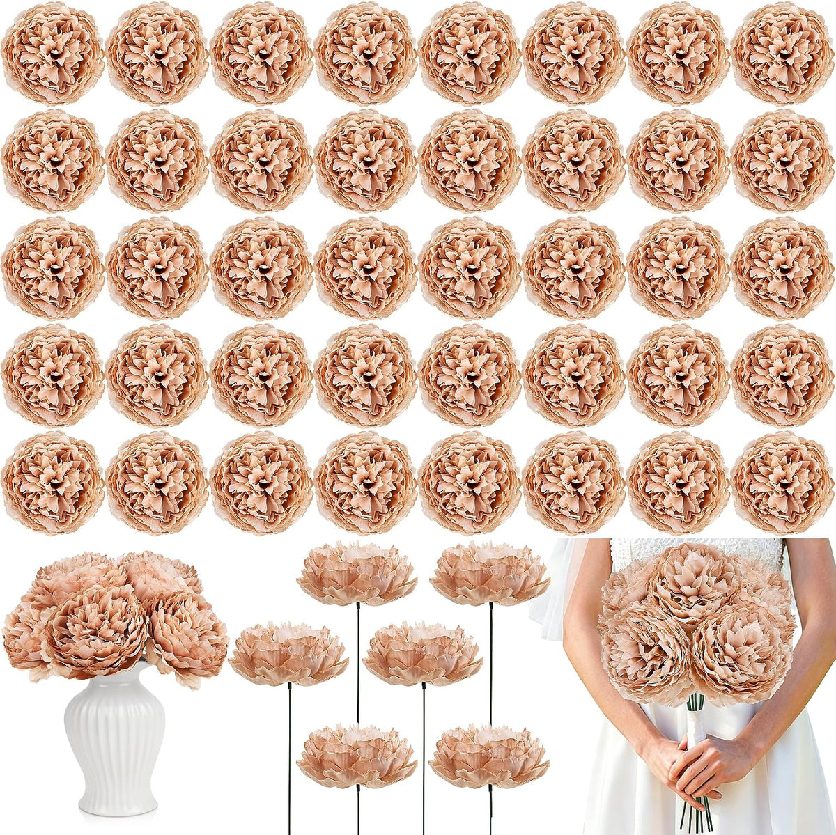 50Pcs Artificial Peonies Flowers Bulk, 4’’ - White