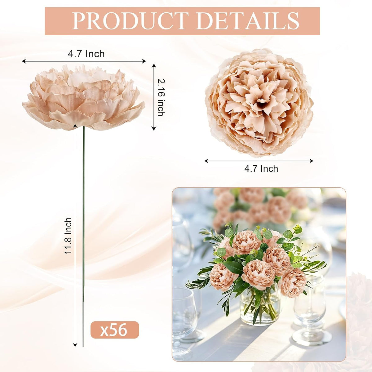 50Pcs Artificial Peonies Flowers Bulk, 4’’ - White